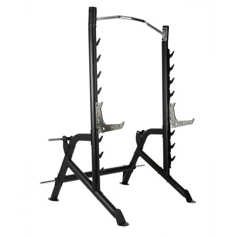 rack à squat complet pour musculation en home gym avec barre de traction, réglages et supports de rangement