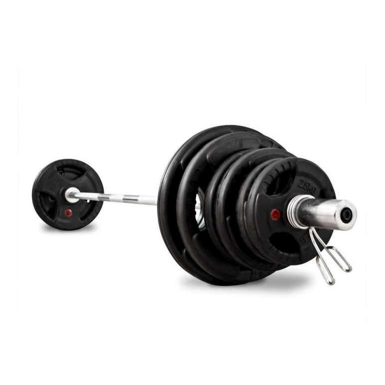 Pack de musculation avec barre olympique de 220 cm et 80 kg de poids.