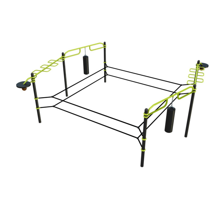 Ring de boxe en plein air avec sacs de frappe et agrès de street workout - Arts martiaux en plein air