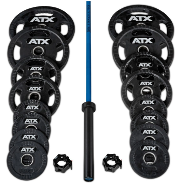 Pack 125 kg de poids avec barre de musculation olympique en céramique - Colliers de serrage intégrés