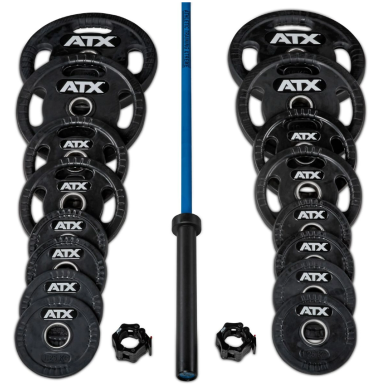 Pack 125 kg de poids avec barre de musculation olympique en céramique - Colliers de serrage intégrés