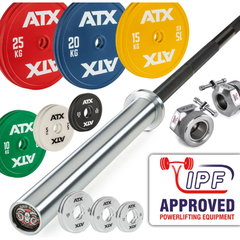 Pack spécial IPF - Barre de Powerlifting - 160 kg de poids de musculation calibrés - Verrou de serrage