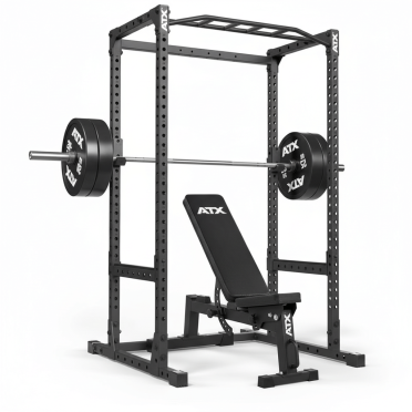 Pack complet musculation homegym avec rack à squat compact, banc de musculation réglable et set barre et poids olympiques