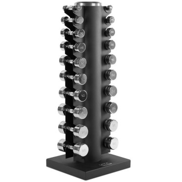 Ensemble d’haltères de musculation avec support.