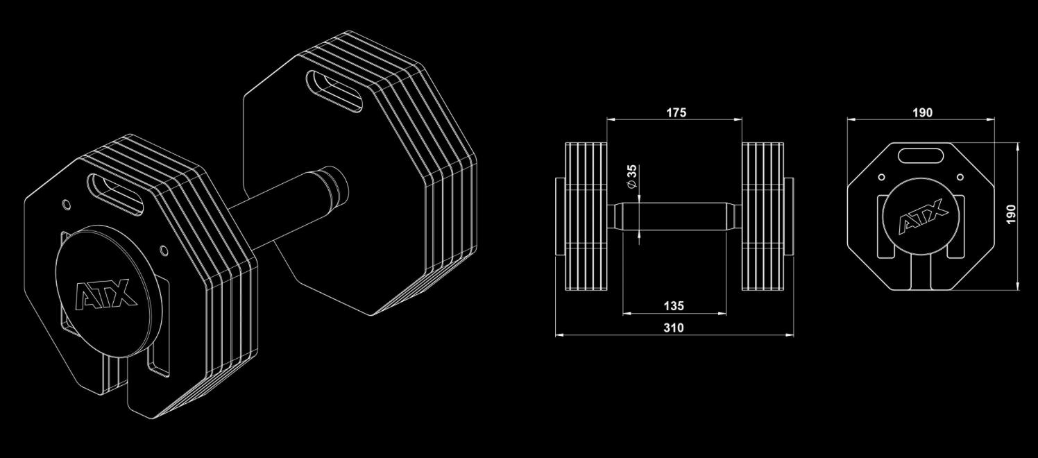 Dimensions haltères réglables ATX Octa Dumbbells