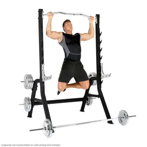 rack à squat complet pour musculation en home gym avec barre de traction, réglages et supports de rangement - vue 2