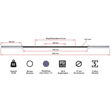 barre longue de deadlift 230 cm avec capacité de charge 600 kg - vue 5