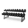 Rack de musculation complet avec 10 paires d'haltères ronds de 2,5 à 25 kg.