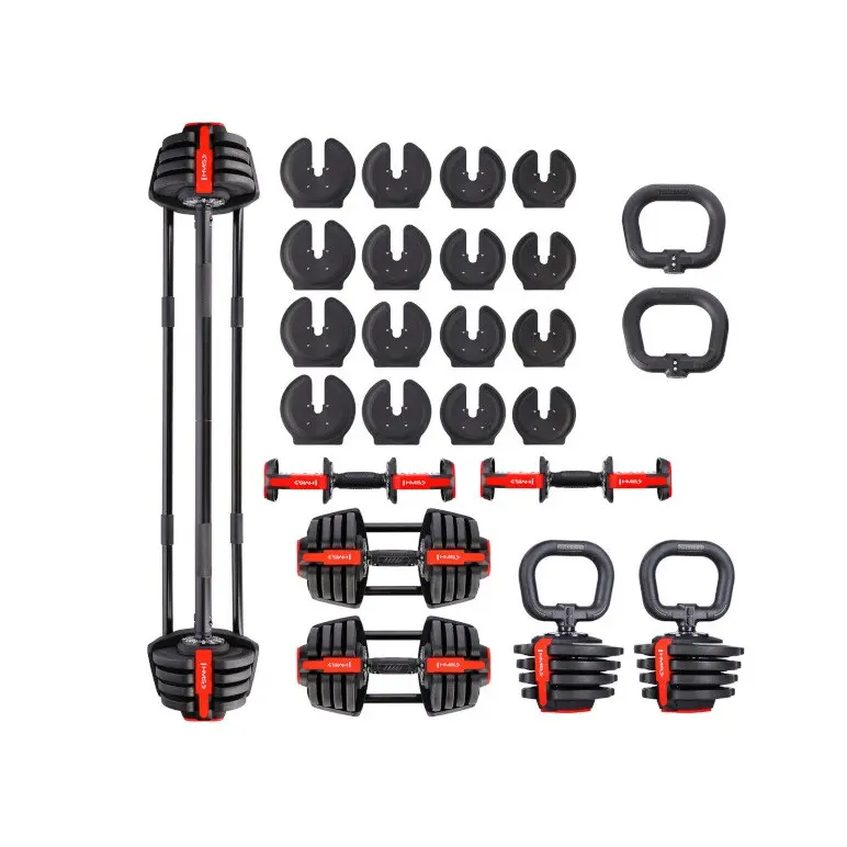 Set d'entraînement musculaire avec haltères courts, long et kettlebells