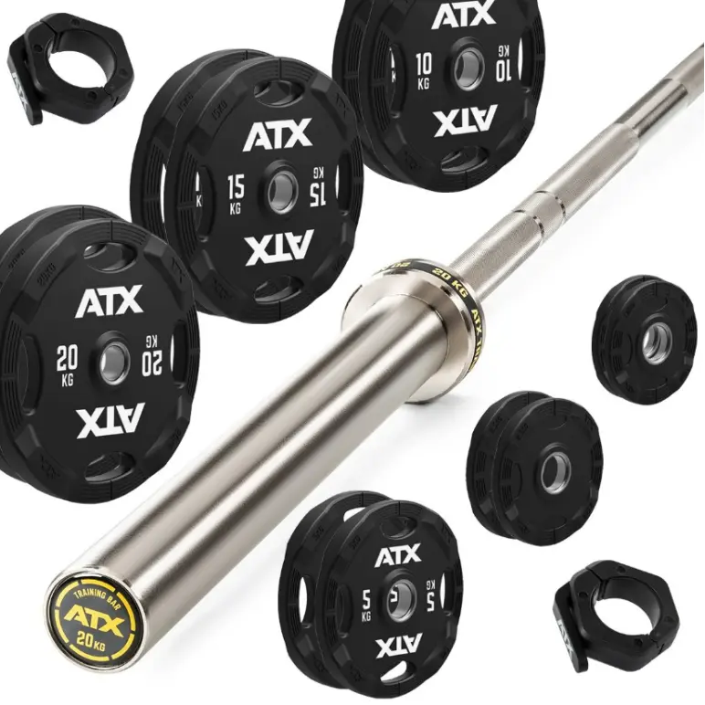 Pack de 107.50 kg de poids en caoutchouc à poignées et barre